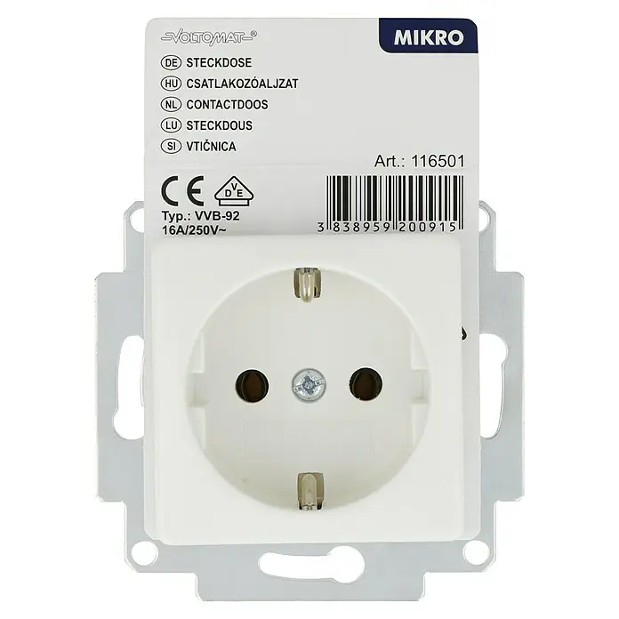 Voltomat MIKRO Steckdose - Alpinweiß, 1-fach, Kunststoff, IP20 - Abbildung einer weißen Voltomat Mikro Steckdose, Typ VVB-92, geeignet für 16A/250V~.