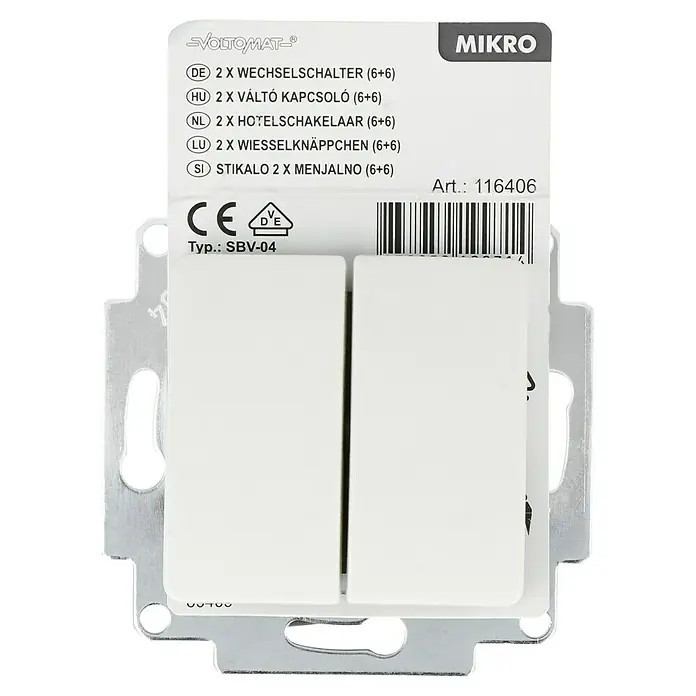 Voltomat MIKRO Doppelwechselschalter - Alpinweiß, Unterputzmontage, 10 A - Mikro Voltomat-Doppelwechselschalter (6+6) Modell SBV-04, ideal für vielfältige Anwendungen.