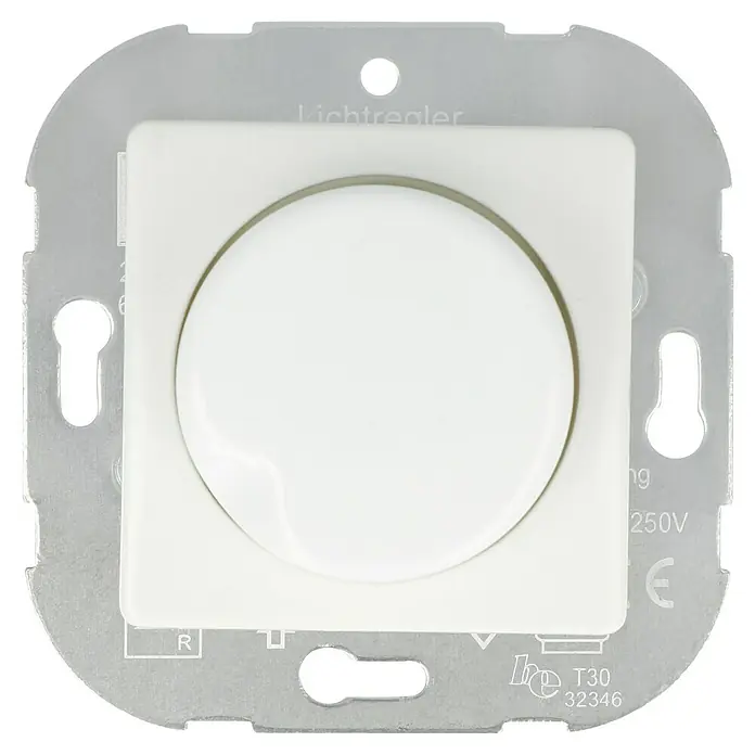 Voltomat MIKRO Dimmer Standard - Alpinweiß, Kunststoff - Ein Dimmer Lichtregler mit einem runden Knopf, eingebettet in eine quadratische Halterung, ideal für die Lichtsteuerung.