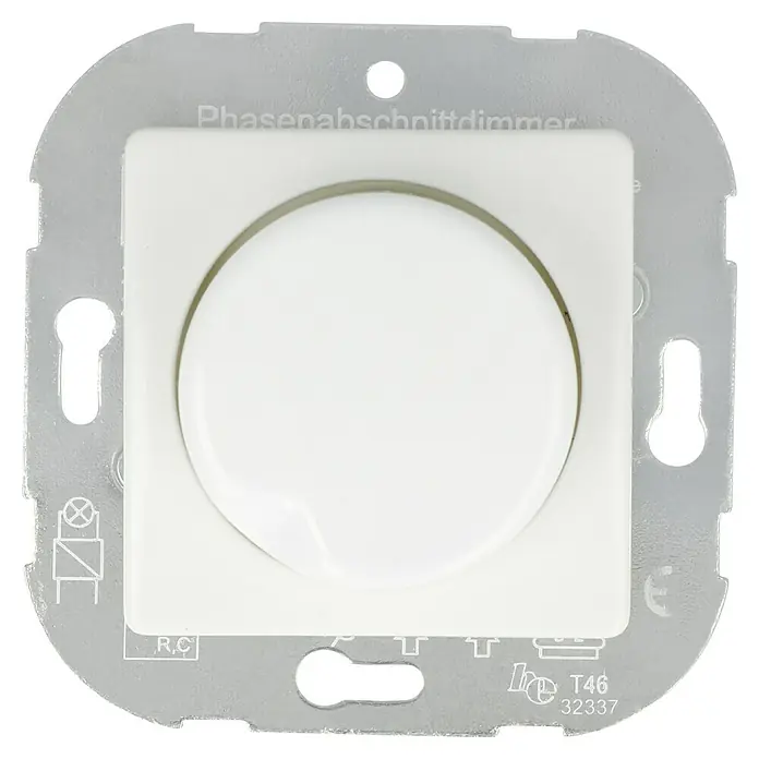 Voltomat MIKRO Dimmer Elektronisch - Alpinweiß, Kunststoff - Nahaufnahme eines weißen Phasenabschnittdimmers mit quadratischer Blende und rundem Drehknopf.