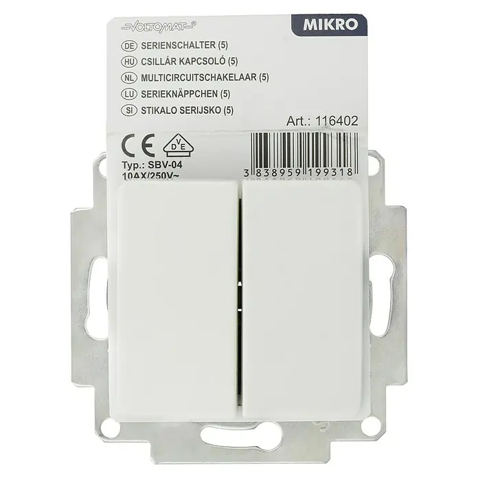 Voltomat MIKRO Serienschalter - Alpinweiß, Unterputzmontage, 10 A - Nahaufnahme eines weißen Voltomat Mikro Serienschalter (5) mit CE-Kennzeichnung und Barcode.