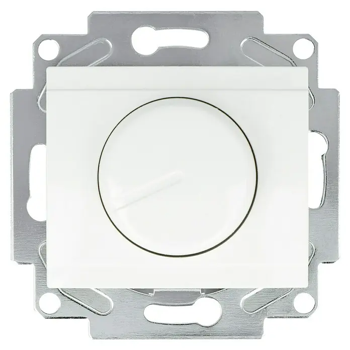 Voltomat DEA 100 Dimmer ED-400M - Alpinweiß, Kunststoff - Nahaufnahme eines Dimmers mit einem weißen Drehknopf und einer silbernen Halterung, der für eine variable Lichtsteuerung sorgt.