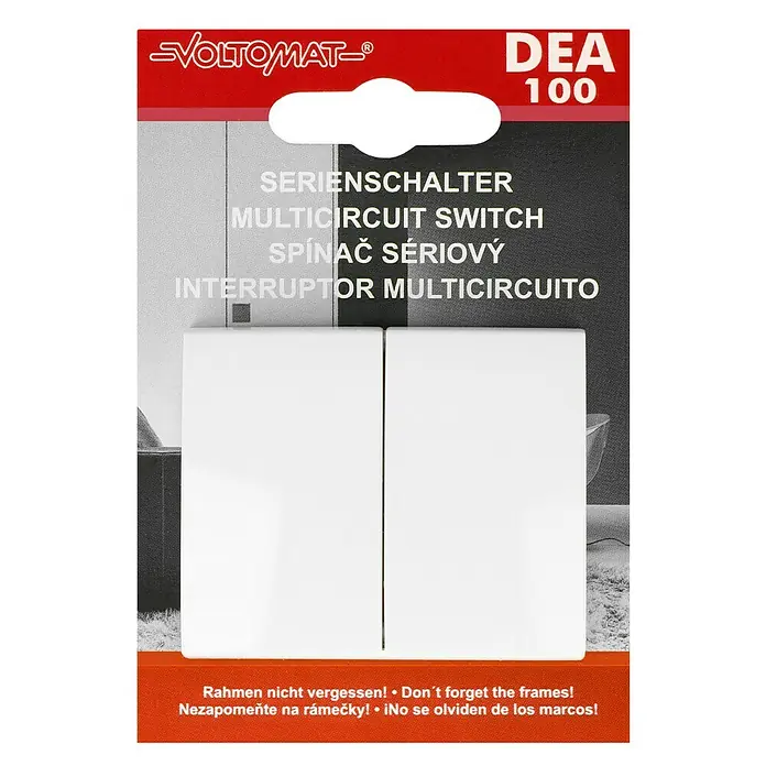 Voltomat DEA 100 Serienschalter - Alpinweiß, Unterputzmontage, 10 A - Bild einer DEA 100 Mehrfachschalter-Verpackung von VoltoMAT.