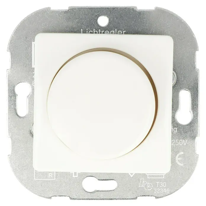 Voltomat MIKRO Dimmer Konventionell - Elektroweiß, Kunststoff - Nahaufnahme eines Lichtreglers mit quadratischer Blende und rundem Knopf.