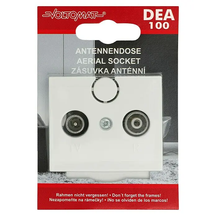 Voltomat DEA 100 Antennendose - Alpinweiß, Kunststoff, Unterputzmontage - Abbildung einer Antennendose DEA 100 von Voltomatt, die für den Empfang von TV-Signalen entwickelt wurde.