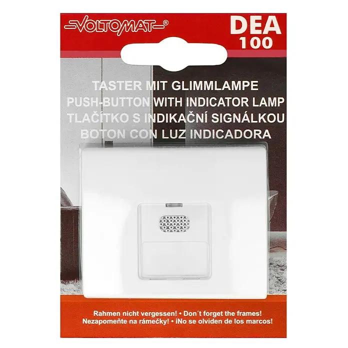Voltomat DEA 100 Taster mit Glimmlampe - Alpinweiß, Kunststoff, 10 A - Bild einer VoltomAt DEA 100 Klingeltaste mit Glimmlampe, die für zusätzliche Sichtbarkeit sorgt. Robustes Design für eine einfache Installation.