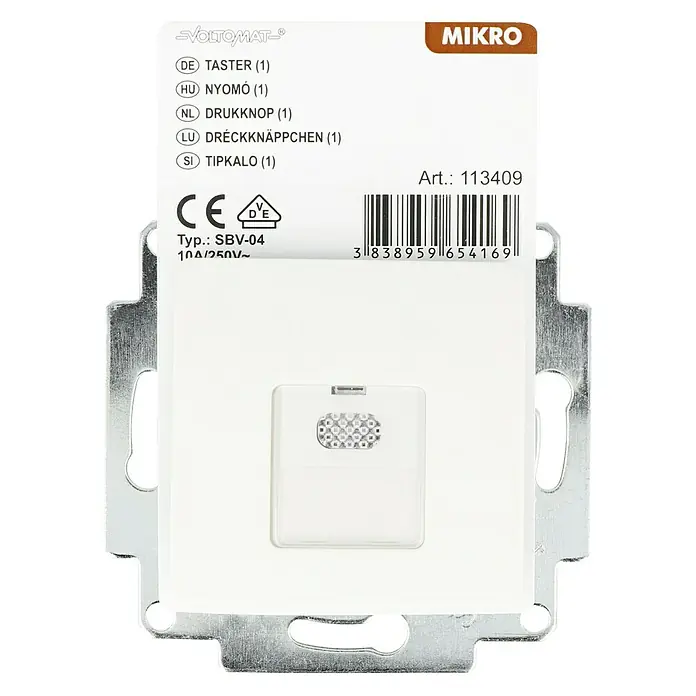 Voltomat MIKRO Taster - Elektroweiß, Unterputzmontage, 10 A - Nahaufnahme eines Mikrotasters von Voltomat, ideal für präzise Schaltvorgänge und vielfältige Anwendungen im Elektronikbereich.