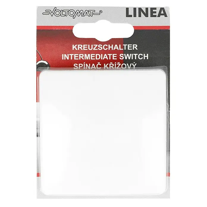 Voltomat LINEA Kreuzschalter - Alpinweiß, Unterputzmontage, 10 A - Nahaufnahme eines Voltomaten Linea Kreuzschalters, der ein Zwischenschalterdesign für elektrische Schaltkreise zeigt.