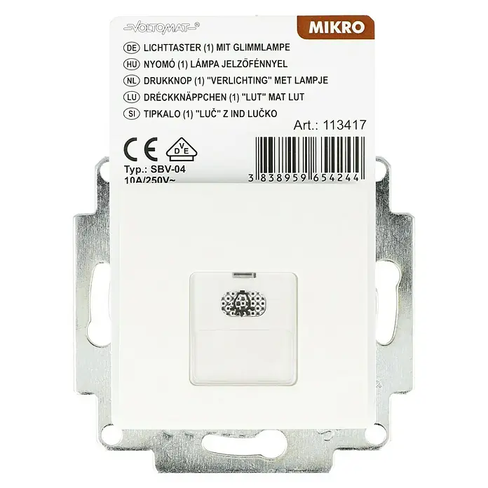 Voltomat MIKRO Taster mit Glimmlampe - Elektroweiß, Unterputzmontage, 10 A - Abbildung eines Voltolmat Mikro-Lichtschalters mit Glimmlampe, ideal für den Innenbereich.