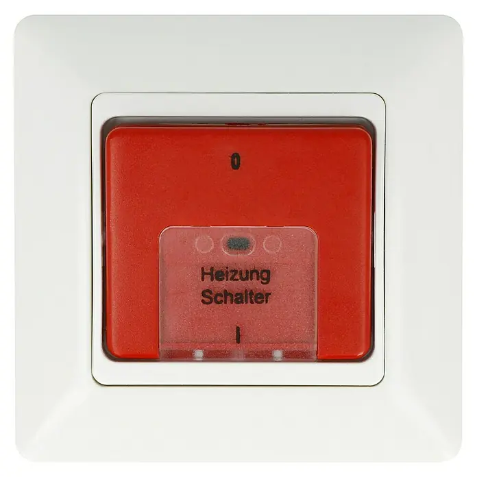 Voltomat MIKRO Heizungsschalter - Alpinweiß, Rot, Kunststoff, Unterputzmontage, IP44 - Nahaufnahme eines Heizungsschalters mit roter Taste und durchsichtigem Schutz, montiert auf einer weißen Platte.