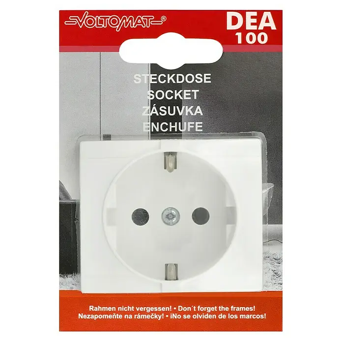 Voltomat DEA 100 Steckdose - Alpinweiß, 1-fach, Kunststoff, 1 Stk. - Abbildung einer Voltomat DEA 100 Steckdose in der Verpackung, ideal für den Einsatz im Haus.