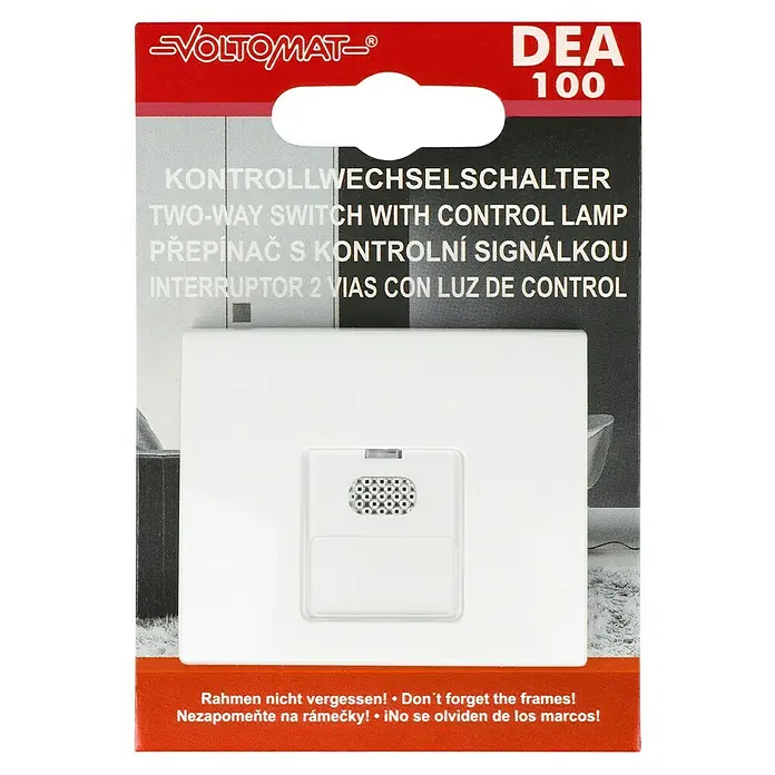 Voltomat DEA 100 Kontrollschalter - Alpinweiß, Unterputzmontage, 10 A - Verpackung eines VOLTOMAT DEA 100 Zwei-Wege-Schalters mit Kontrolllampe, ideal zur Steuerung von Stromkreisläufen in Wohnräumen.
