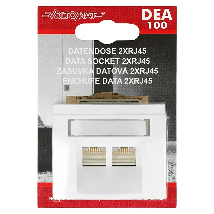Voltomat DEA 100 UAE-Dosen-Einsatz RJ45 - Unterputzmontage - Das Bild zeigt eine Voltomat Datendose 2xRJ45, ein Produkt zur Datenübertragung, verpackt in einer roten und weißen Kartonverpackung.