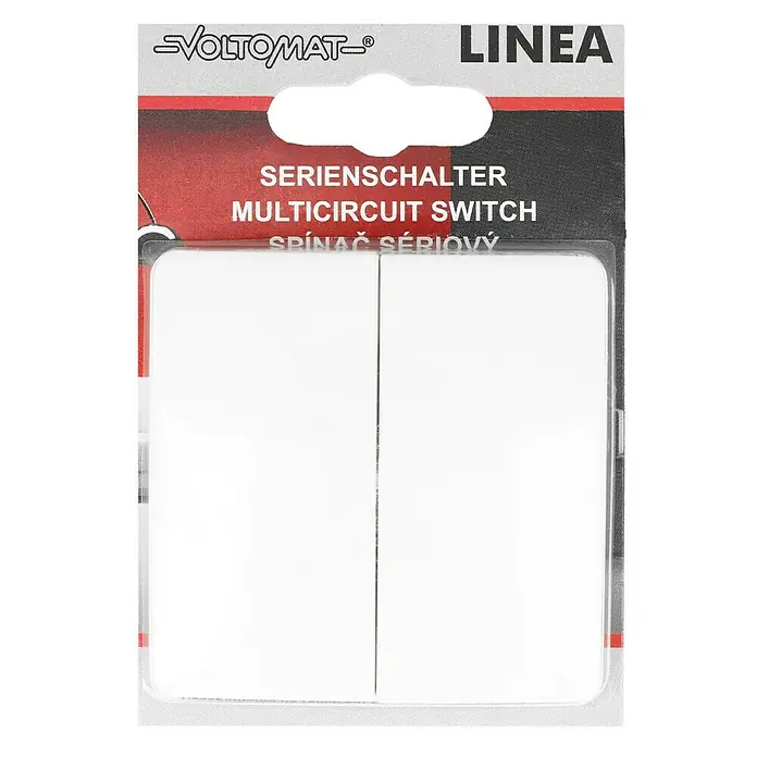 Voltomat LINEA Serienschalter - Alpinweiß, Unterputzmontage, 10 A - Nahaufnahme eines Voltomaten LINEA Serienschalters/Mehrfachschalters in Originalverpackung, ideal für elektrische Installationen.