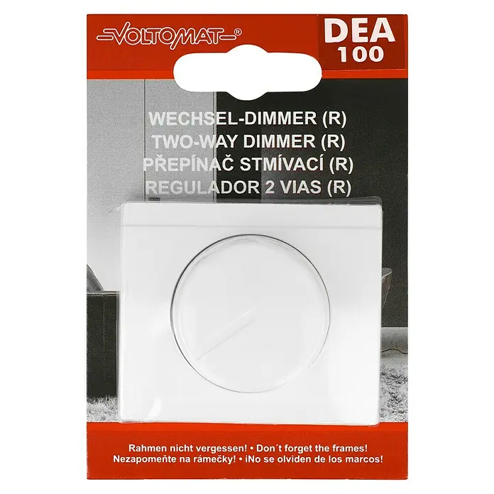 Voltomat DEA 100 Dimmer ED-400M - Alpinweiß, Kunststoff - Verpackung eines VOLTOMAT DEA 100 Dimmers. Der Dimmer ist weiß und hat ein rundes Design.