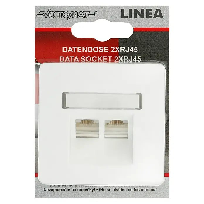 Voltomat LINEA UAE-Dose - 2-fach, Alpinweiß, Unterputzmontage - Abbildung einer VOLTOMAT Linea Datendose 2xRJ45, eine Netzwerksteckdose für den Anschluss von Geräten an ein lokales Netzwerk.