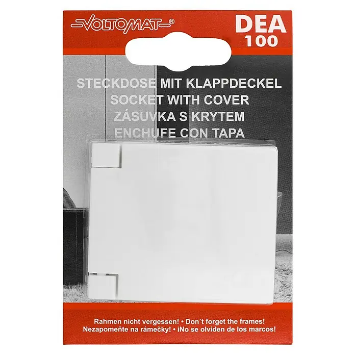 Voltomat DEA 100 Klappdeckelsteckdose - Alpinweiß, Hochglänzend, 16 A, Unterputzmontage - Produktverpackung einer VOLTOMAT Steckdose mit Klappdeckel, Modell DEA 100, mit mehrsprachigen Hinweisen zum Rahmen.