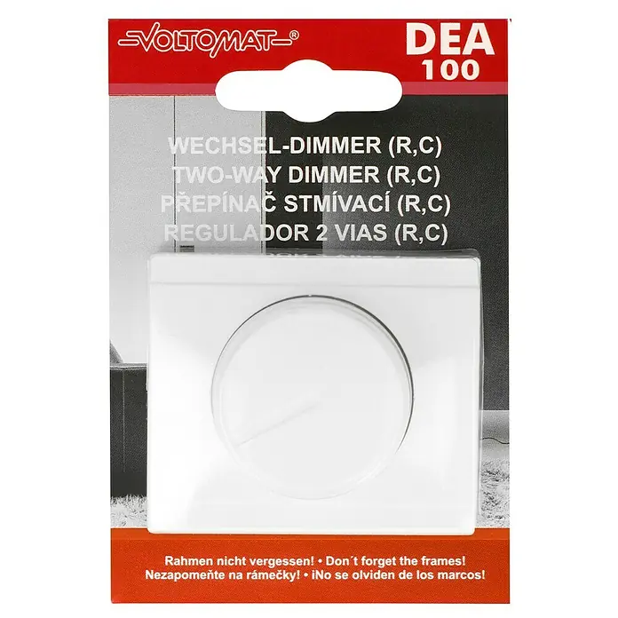 Voltomat DEA 100 Dimmer - Alpinweiß, Kunststoff - Das Produkt ist ein VOLTOMAT DEA 100 Zwei-Wege-Dimmer in einer roten Verpackung.