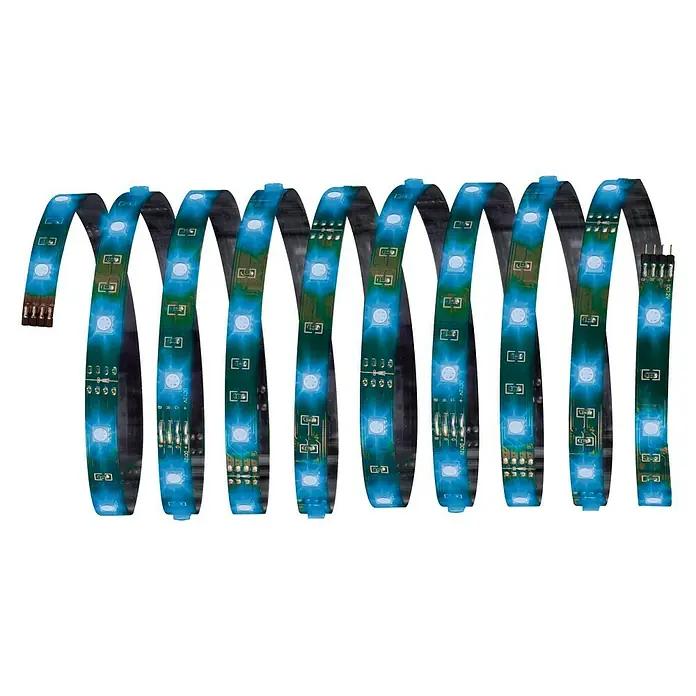 Paulmann LED-Band YourLED Eco RGB - Länge: 5 m, RGB, 36 W, 1.050 lm, 12 V - Nahaufnahme eines flexiblen LED-Streifens mit blauen Lichtern, der in einer wellenförmigen Konfiguration präsentiert wird.