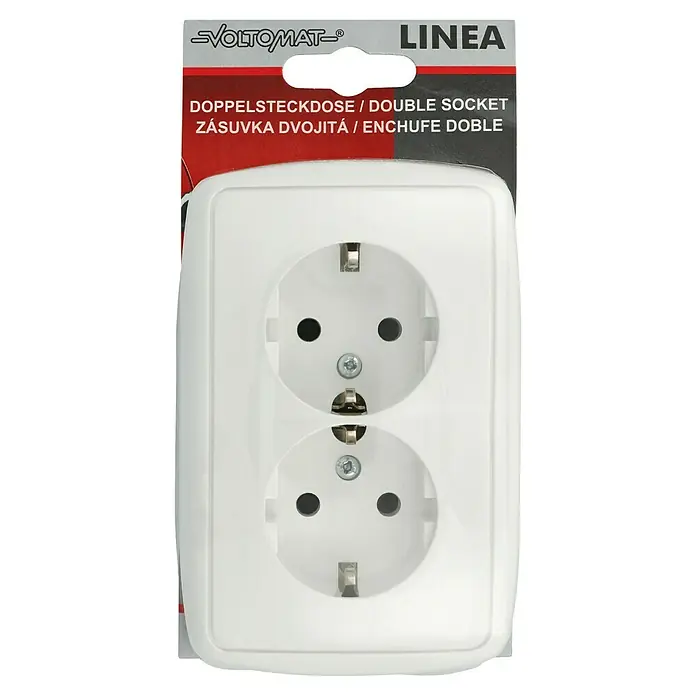 Voltomat LINEA Doppelsteckdose - Alpinweiß, Kunststoff, Unterputzmontage - Eine weiße Doppelsteckdose von Voltomatt Linea, ideal für den Innenbereich und einfache Installation.
