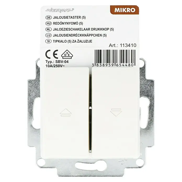 Voltomat MIKRO Jalousietaster - Elektroweiß, Unterputzmontage, 10 A - Mikro Jalousietaster von Voltomat mit Artikelnummer 113410, SBV-04 Typ, 10A/250V~ für Rollläden und Jalousien.