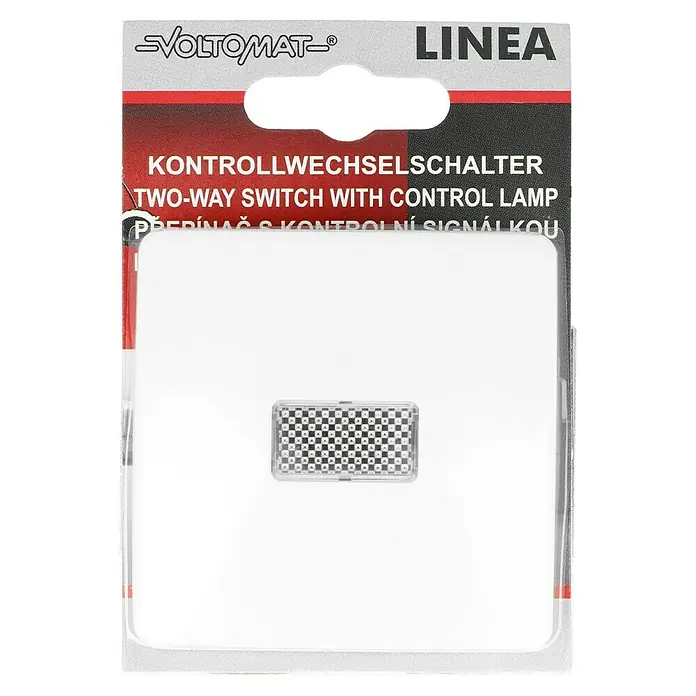 Voltomat LINEA Kontrollschalter - Alpinweiß, Unterputzmontage, 10 A - Nahaufnahme eines Voltomaten Linea Zwei-Wege-Schalters mit Kontrolllampe in Originalverpackung.
