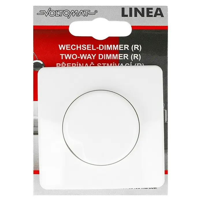 Voltomat LINEA Dimmer Standard - Alpinweiß, Manuell - Bild einer VOLTOMAT LINEA Zweiweg-Dimmer Verpackung, ein praktischer Lichtregler für individuelle Beleuchtung.