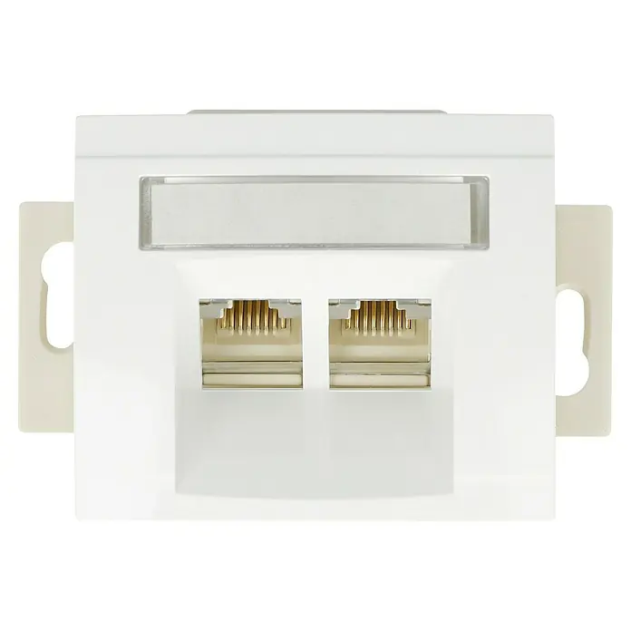 Voltomat DEA 100 UAE-Dosen-Einsatz RJ45 - Unterputzmontage - Nahaufnahme einer weißen Doppel-Netzwerkdose für Wandmontage mit zwei RJ45-Anschlüssen und Beschriftungsfeld.