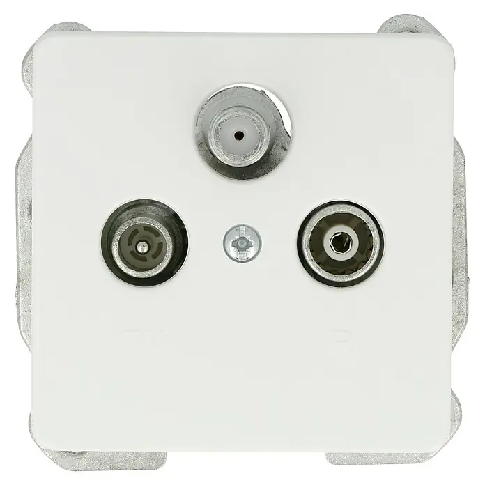 Voltomat LINEA Antennendose - 3-fach - Nahaufnahme einer weißen Antennensteckdose mit drei Anschlüssen und einer Schraube zur Befestigung.