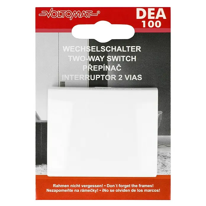 Voltomat DEA 100 Wechselschalter - Alpinweiß, Unterputzmontage, 10 A, 1 Stk. - Verpackung eines Voltomaten DEA 100 Wechselschalters mit mehrsprachiger Beschriftung und Warnhinweis.