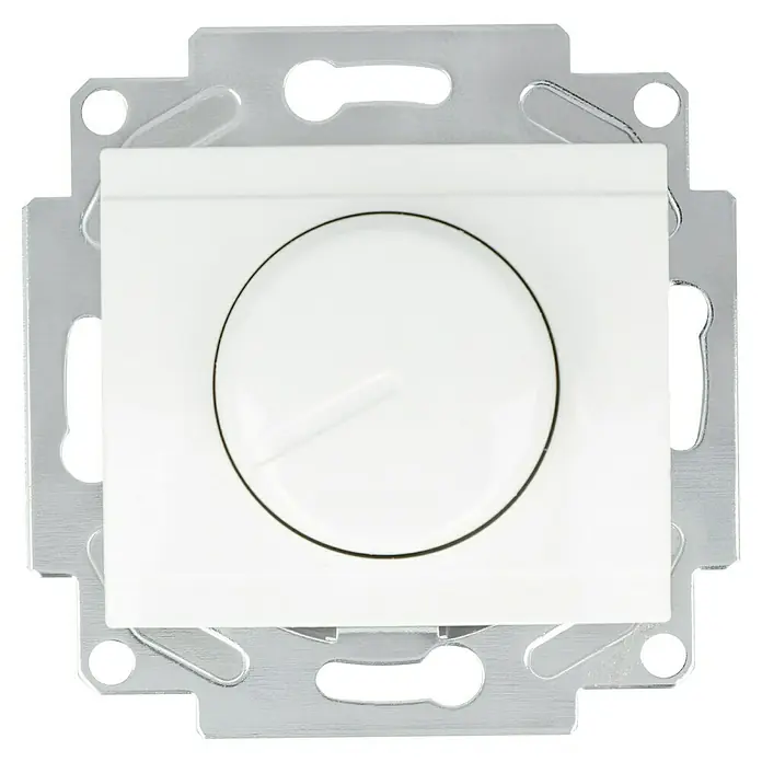 Voltomat DEA 100 Dimmer - Alpinweiß, Kunststoff - Nahaufnahme eines weißen Dimmers, der auf einer silberfarbenen Montageplatte installiert ist.