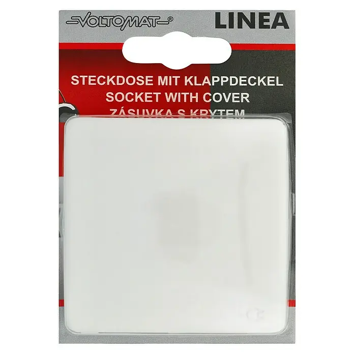 Voltomat LINEA Klappdeckelsteckdose - Alpinweiß, 16 A, Unterputzmontage - Produktbild einer Voltomate Linea Steckdose mit Klappdeckel für den Innenbereich.