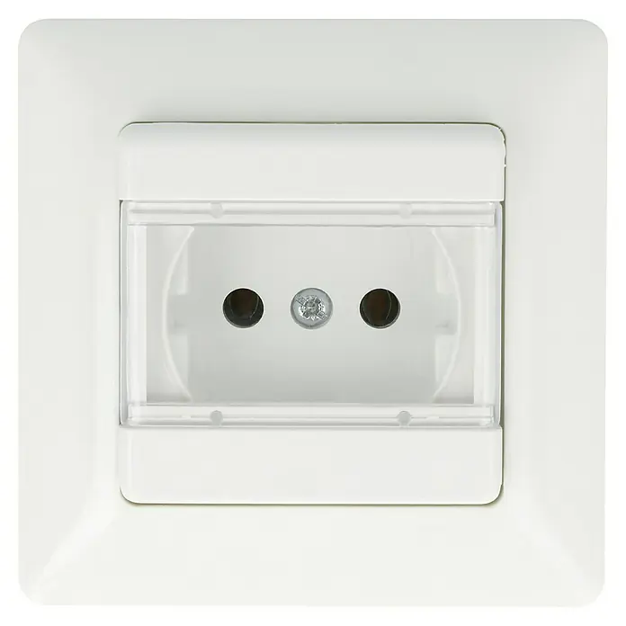 Voltomat MIKRO Feuchtraum-Steckdose - Transparent/Weiß, IP44 - Nahaufnahme einer weißen Schutzkontaktsteckdose mit Klappdeckel, ideal für Feuchträume und den Außenbereich.