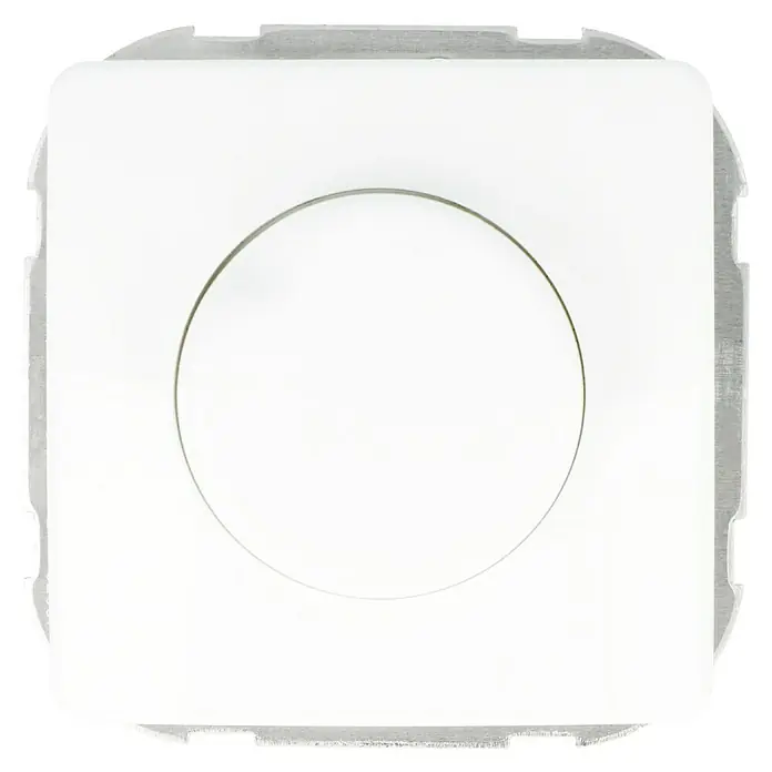 Voltomat LINEA Dimmer - Alpinweiß, Elektronisch - Nahaufnahme eines weißen, quadratischen GIRA-Tasters mit zentralem, runden Bedienknopf, ideal für moderne Raumausstattung.