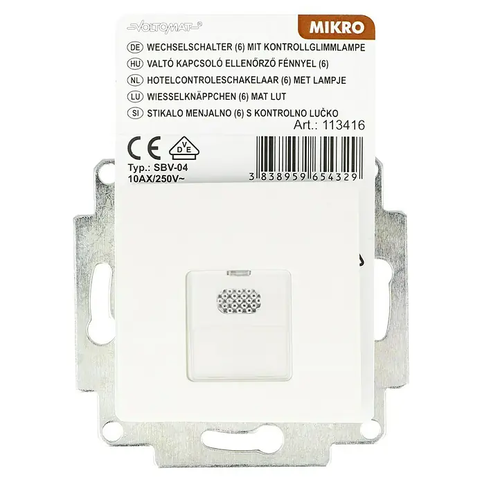 Voltomat MIKRO Kontrollschalter - Elektroweiß, Unterputzmontage, 10 A - Voltomat Mikro Wechselschalter mit Kontrollglimmlampe, geeignet für 10AX/250V Stromkreise, ideal für vielfältige Elektroinstallationen.