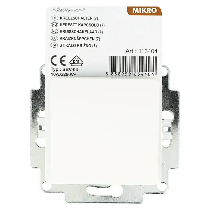 Voltomat MIKRO Kreuzschalter - Elektroweiß, Unterputzmontage, 10 A - Nahaufnahme eines Voltomaten-Mikro-Kreuzschalters SBV-04, ein Qualitätsprodukt für Ihre Elektroinstallation.