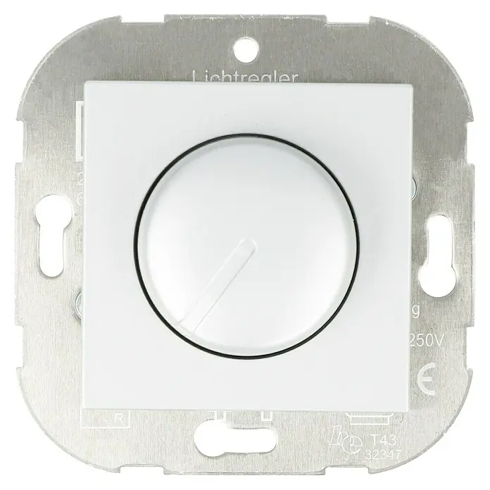 Voltomat ART Dimmer Elektronisch - Silber, Kunststoff - Nahaufnahme eines weißen Dimmerschalters mit Metalleinfassung, der für eine einfache Steuerung der Lichtintensität in jedem Raum sorgt.