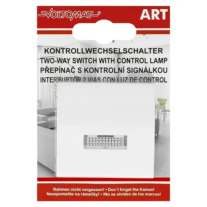 Voltomat ART Kontrollschalter - Alpinweiß, Unterputzmontage, 10 A - Produktverpackung für einen Voltomaten-Wechselschalter mit Kontrolllampe, erhältlich in verschiedenen Sprachen.