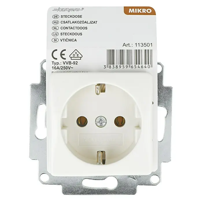 Voltomat MIKRO Steckdose - Elektroweiß, Kunststoff, 1 Stk. - Nahaufnahme einer VOLTOMAT-Steckdose vom Typ VVB-92, ausgelegt für 16A/250V, mit Artikelnummer 113501. Ideal für den Innenbereich.