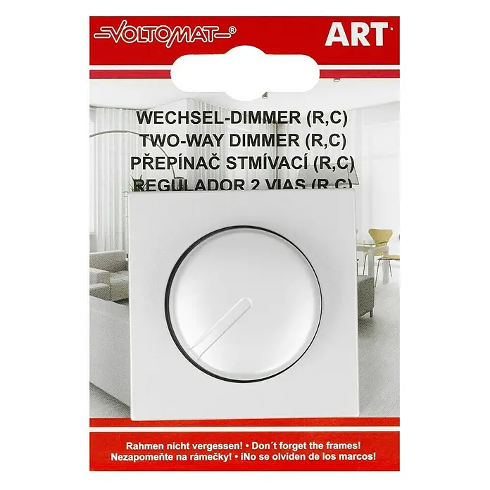 Voltomat ART Dimmer Elektronisch - Silber, Kunststoff - Produktverpackung für einen VoltoMAT Zwei-Wege-Dimmer (R,C) mit mehrsprachigen Hinweisen zum Rahmen.