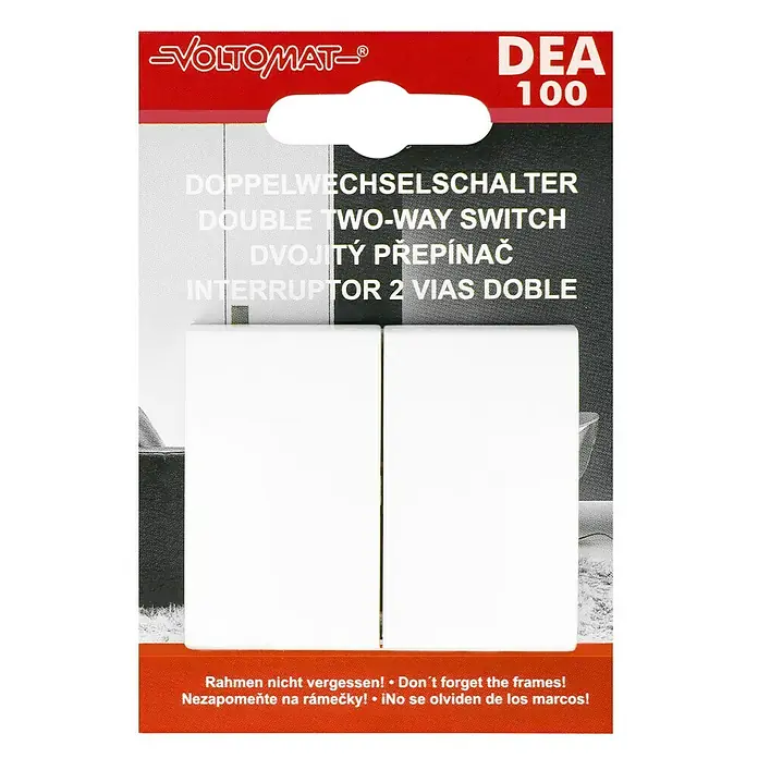 Voltomat DEA 100 Wechselschalter - Alpinweiß, Unterputzmontage, 10 A - Abbildung eines Doppelwechselschalters der Marke Voltomatt DEA 100. Hinweis: Rahmen nicht vergessen!
