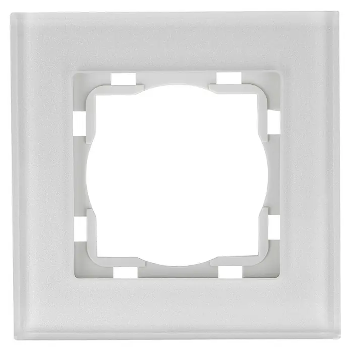 Voltomat ART Glas-Abdeckrahmen - Silber, 1-fach - Ein weißer, quadratischer Lichtschalterrahmen mit einer Öffnung in der Mitte für einen Schaltereinsatz. Ideal für moderne Innenräume.