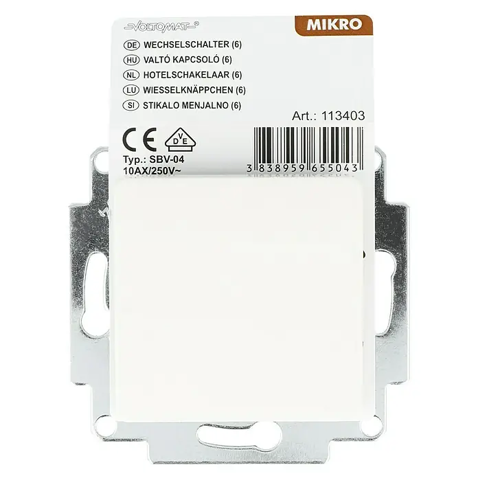 Voltomat MIKRO Wechselschalter - Elektroweiß, Unterputzmontage, 10 A, 1 Stk. - Nahaufnahme eines VOLTOMAT-Mikro-Wechselschalters SBV-04, gekennzeichnet mit CE- und VDE-Prüfzeichen, sowie Barcode und Artikelnummer.