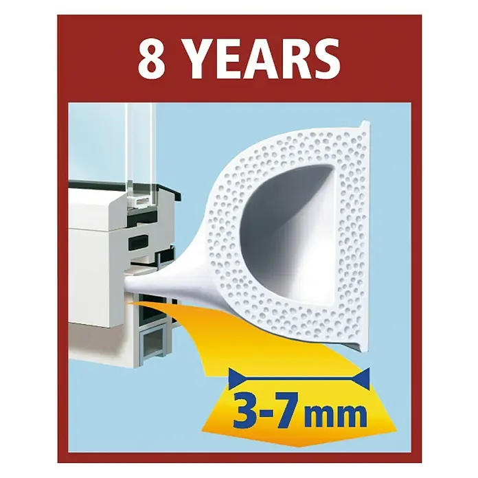 Tesa INSULATION Junta de perfil en D - Marrón, 6 m - Imagen de un sello de puerta blanco con el texto "8 YEARS" y la medida especificada "3-7mm".