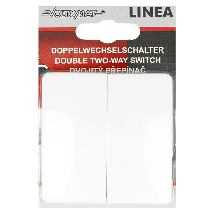 Voltomat LINEA Wechselschalter - Alpinweiß, Unterputzmontage, 10 A - Doppelwechselschalter von Voltomat Linea. Der Schalter ist weiß und in einer Verpackung mit deutscher, englischer und tschechischer Beschriftung.