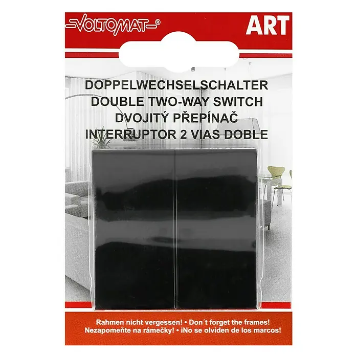 Voltomat ART Doppelwechselschalter - Schwarz, Kunststoff, 10 A - Bild einer Doppelwechselschalter-Verpackung von Voltomatt, die auf Deutsch, Englisch, Tschechisch und Spanisch beschriftet ist.