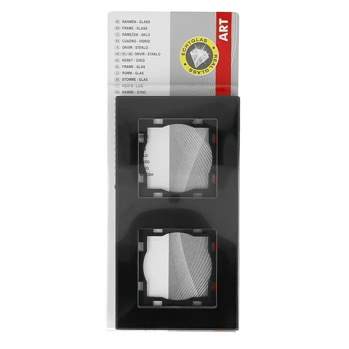 Voltomat ART Glas-Abdeckrahmen - Schwarz, 2-fach - Schwarzer Glasrahmen für zwei Fotos, verpackt mit "Echtglas"-Siegel und mehrsprachiger Beschreibung.