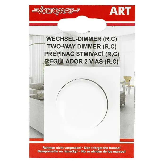 Voltomat ART Dimmer Elektronisch - Alpinweiß, Kunststoff - Produktverpackung für einen "VOLTOMAT-ART" Wechsel-Dimmer, erhältlich als Zwei-Wege-Dimmer, mit Hinweis auf optionale Rahmen.