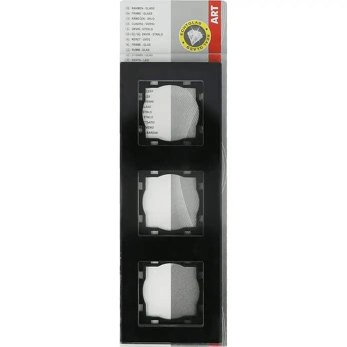 Voltomat ART Glas-Abdeckrahmen - Schwarz, 3-fach - Nahaufnahme einer Rahmen-Glas-Verpackung, die drei leere Fotorahmen zur individuellen Gestaltung zeigt.