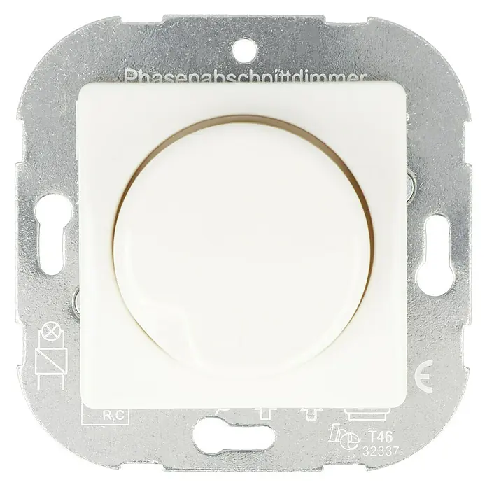 Voltomat MIKRO Dimmer Elektronisch - Elektroweiß, Kunststoff - Nahaufnahme eines weißen Phasenabschnittdimmers mit silberfarbenem Metallrahmen für die Wandmontage.